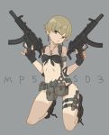  bangs bikini black_bikini brown_hair combat_boots dog_tags dual_wielding earrings elbow_pads fingerless_gloves flat_chest front-tie_bikini gloves gun h&amp;k_mp5sd head_tilt heckler_&amp;_koch holster jewelry kneeling nail_polish original pinky_out short_hair submachine_gun suppressor swimsuit tan tanline thigh_holster weapon yuuho 