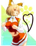  1girl animal_ears blonde_hair bow breasts cat_tail character_name chen chen_(cosplay) fang fox_ears heart heart_tail jewelry kinketsu large_breasts midriff navel open_mouth paw_pose paw_print short_hair single_earring skirt solo tail touhou yakumo_ran yellow_eyes 