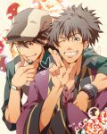  2boys bracelet brown_eyes brown_hair cm10th crossover facial_hair green_eyes jewelry kaburagi_t_kotetsu multiple_boys raven_(tov) stubble tales_of_(series) tales_of_vesperia tiger_&amp;_bunny watch watch wink 