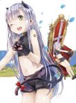  1girl ;d animal_costume animal_ears bell bodysuit bow cat_costume cat_ears cat_paws cat_tail green_eyes grey_hair long_hair navel one_eye_closed open_mouth outbreak_company paw_print paws petrarca_ann_erudanto_iii shorts smile solo tail tail_bow throne wink yuugen 