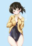  1girl amagami black_hair blush breasts competition_swimsuit large_breasts looking_at_viewer one-piece_swimsuit open_mouth ponytail ribbed_sweater short_hair solo sweater swimsuit swimsuit_under_clothes tsukahara_hibiki yamada_yukihito 