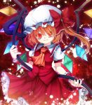  1girl aru16 ascot blonde_hair bow flandre_scarlet hat hat_bow highres laevatein red_eyes red_nails solo touhou wings wrist_cuffs 
