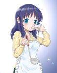  1girl apron blue_eyes blue_hair hiradaira_chisaki ladle long_hair nagi_no_asukara potarin saucer tasting 