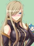  1girl blue_eyes blush blush_stickers breasts brown_hair creature detached_sleeves embarrassed green_background hair_over_one_eye large_breasts long_hair glasses_man mieu tales_of_(series) tales_of_the_abyss tear_grants trembling 