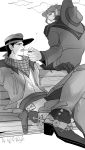  2boys bench boots cigarette cowboy cowboy_boots cowboy_hat greyscale hat highres jojo_no_kimyou_na_bouken kakyouin_noriaki kilva_lollop kuujou_joutarou monochrome multiple_boys sitting spurs western 