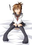  1girl black_legwear brown_eyes brown_hair folded_ponytail hair_ornament highres inazuma_(kantai_collection) kaminagi_(kaminagi-tei) kantai_collection kneehighs looking_at_viewer on_bed personification pleated_skirt school_uniform serafuku short_hair sitting skirt solo translated 