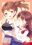  2girls ^_^ akagi_(kantai_collection) blush brown_eyes brown_hair closed_eyes hazakura_satsuki japanese_clothes kaga_(kantai_collection) kantai_collection long_hair multiple_girls muneate open_mouth personification short_hair side_ponytail skirt smile 