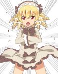  &gt;:&lt; 1girl blonde_hair chestnut_mouth crossed_arms dress drill_hair gunbuster_pose hat luna_child open_mouth red_eyes short_hair solo taishi_(moriverine) touhou 