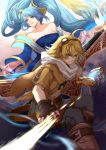  1boy 1girl belt blonde_hair blue_dress blue_eyes blue_hair boots breasts cleavage dress ezreal gloves goggles goggles_on_head highres league_of_legends liuruoyu8888 long_hair long_sleeves pants short_hair smile sona_buvelle twintails 