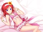  1girl bare_arms bikini bikini_top bracelet flower frilled_skirt frills hair_flower hair_ornament hairband jewelry looking_at_viewer love_live!_school_idol_project lying midriff miniskirt navel nishikino_maki on_back open_vest panties pantyshot pantyshot_(lying) pillow pink_nails pink_panties plaid plaid_bikini redhead skirt smile solo swimsuit tucana underwear violet_eyes 