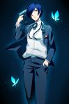  1boy arisato_minato blue_eyes blue_hair bonsoukou butterfly evoker gun_to_head persona persona_3 short_hair solo yuuki_makoto 