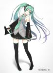 1girl boots copyright_name detached_sleeves green_eyes green_hair hatsune_miku headphones long_hair megaphone mkt necktie pigeon-toed skirt smile solo thigh-highs thigh_boots twintails very_long_hair vocaloid 