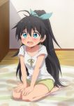  1girl barefoot black_hair blue_eyes crying earrings ganaha_hibiki hiiringu idolmaster jewelry long_hair ponytail ribbon shorts solo tears 