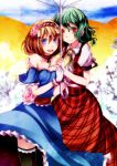  2girls adapted_costume alice_margatroid arm_around_shoulder ascot black_legwear blonde_hair blue_dress blue_eyes breasts choker cleavage dress flower gloves green_hair hair_flower hair_ornament hairband highres kazami_yuuka lolita_hairband looking_at_viewer multiple_girls open_mouth open_vest parasol puffy_sleeves red_eyes s-syogo sash shirt short_sleeves skirt skirt_set smile strapless_dress thigh-highs touhou umbrella white_gloves wind_lift zettai_ryouiki 