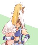  2girls blonde_hair blush boots brown_eyes brown_hair carrying crop_top dress elbow_gloves elbow_pads fingerless_gloves from_behind gloves kazama_asuka lili_(tekken) long_hair moonpea multiple_girls short_hair tekken unitard unzipped white_dress yuri 