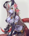  1girl alisfieze_fateburn_xvi blush breasts cleavage earrings elbow_gloves flower gloves hair_flower hair_ornament horns jewelry lamia large_breasts long_hair looking_at_viewer mon-musu_quest! monster_girl pointy_ears purple_skin ribbon silver_hair smile solo tail tail_ribbon tattoo walzrj yellow_eyes 