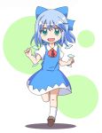 1girl aqua_eyes blue_eyes blue_hair blush bow child cirno dress green_eyes hair_bow ice ice_wings mikan_imo open_mouth running short_hair smile solo touhou wings 