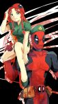  absurdres belt black_background braid carrying chinese_clothes costume crossover deadpool green_clothes green_eyes green_skirt hat highres hong_meiling long_hair marvel mask meow13 redhead shoes simple_background skirt smile smirk touhou utility_belt 