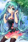  1girl flower green_eyes green_hair hatsune_miku long_hair natsume_kei skirt solo thigh-highs twintails very_long_hair vocaloid 