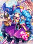  1girl basket blue_hair bonbon candy checkered checkered_legwear drill_hair ells gloves hat lollipop long_hair open_mouth original puffy_sleeves purple_skirt short_sleeves skirt smile solo twin_drills violet_eyes white_gloves 