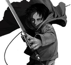  1boy black_eyes black_hair levi_(shingeki_no_kyojin) mayumio88 monochrome shingeki_no_kyojin solo sword three-dimensional_maneuver_gear weapon 