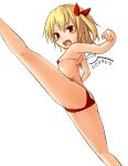  1girl ass bikini blonde_hair flandre_scarlet high_kick highres kicking leg_up miyo_(ranthath) no_hat open_mouth red_eyes short_hair side-tie_bikini side_ponytail small_breasts solo swimsuit touhou wings 