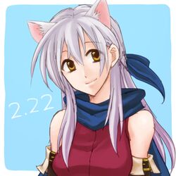  1girl animal_ears bare_shoulders breasts cat_ears elbow_gloves fire_emblem fire_emblem:_akatsuki_no_megami gloves half_updo hazuki_(nyorosuke) kemonomimi_mode long_hair micaiah nintendo ribbon scarf silver_hair smile solo yellow_eyes 