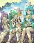  &gt;_&lt; 3girls animal_on_head anklet aqua_eyes aqua_hair armor artemis_(p&amp;d) bare_shoulders food gaia_(p&amp;d) gauntlets greaves green_eyes green_hair highres jewelry long_hair multiple_girls navel onigiri open_mouth parvati_(p&amp;d) ponytail purple_hair puzzle_&amp;_dragons sandals tailam tamadra tiger wink 