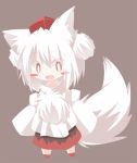  1girl animal_ears blush_stickers chibi daidai_ookami detached_sleeves fang happy hat inubashiri_momiji looking_at_viewer open_mouth pom_pom_(clothes) red_eyes short_hair silver_hair simple_background smile solo tail tokin_hat touhou wolf_ears wolf_tail 