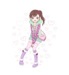  1girl :d bag brown_eyes brown_hair food food_themed_clothes food_themed_ornament fruit futami_mami hair_ornament heart heart_print horonigagoma idolmaster open_mouth polka_dot print_legwear side_ponytail smile solo strawberry thigh-highs 
