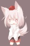  1girl animal_ears blush chibi daidai_ookami detached_sleeves fang hat highres inubashiri_momiji looking_at_viewer open_mouth pom_pom_(clothes) red_eyes short_hair silver_hair simple_background smile solo tail tokin_hat touhou wolf_ears wolf_tail 