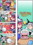  2girls 4koma balloon birthday_cake blue_eyes blush bowtie cake clothes_writing comic commentary finnish food gas_cylinder headband konpaku_youmu konpaku_youmu_(ghost) multiple_girls pink_eyes pink_hair saigyouji_yuyuko sega setz silver_hair touhou translated 