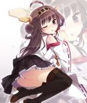  1girl ;p ahoge ass ayamisiro bare_shoulders black_eyes blush boots brown_hair detached_sleeves double_bun hairband japanese_clothes kantai_collection kongou_(kantai_collection) long_hair nontraditional_miko panties pantyshot personification skirt smile solo thigh-highs thigh_boots tongue underwear white_panties wink zoom_layer 