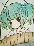  1girl :&lt; ahoge blush bucket bust colored_pencil_(medium) frown green_eyes green_hair grey_background hair_bobbles hair_ornament highres in_bucket in_container kisume looking_at_viewer meme-tan_(bana_nan26) short_hair simple_background solo touhou traditional_media twintails 