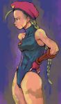  1girl abs ahoge beret blonde_hair blue_eyes braid cammy_white fingerless_gloves gloves hands_on_hips hat leotard long_hair mimiyama_kiichi scar small_breasts solo street_fighter twin_braids 