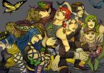  4boys 4girls blue_hair butterfly dual_persona emporio_alnino foo_fighters genderswap green_hair hermes_costello jojo_no_kimyou_na_bouken kilva_lollop kuujou_jolyne kuujou_joutarou multiple_boys multiple_girls narciso_anasui weather_report 