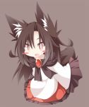  1girl animal_ears blush_stickers brown_background brown_hair chibi daidai_ookami dress fang imaizumi_kagerou jewelry long_hair long_sleeves open_mouth orange_eyes simple_background solo tail touhou werewolf wolf_ears wolf_tail 