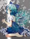 1girl barefoot blue_dress blue_eyes blue_hair bow cirno crying dress hair_bow hands_clasped hikobae ice ice_wings interlocked_fingers looking_at_viewer open_mouth petals puffy_sleeves shirt short_sleeves sitting solo spring_(season) touhou wariza wings 
