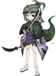  adagumo_no_saragimaru androgynous black_clothes earthen_miraculous_sword frown green_clothes jynx_(artist) katana len&#039;en looking_at_viewer official_art oota_jun&#039;ya_(style) pom_pom_(clothes) ponytail short_hair short_pants shorts sword tagme tail weapon white_shoes 
