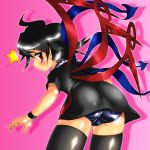  /\/\/\ 1girl ahoge ass asymmetrical_wings black_dress black_hair black_legwear blush bracelet dress houjuu_nue jewelry looking_at_viewer looking_back red_eyes school_swimsuit short_sleeves solo surprised swimsuit swimsuit_under_clothes thigh-highs touhou wings winn 