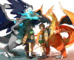  2girls archery arrow blue_eyes blue_fire blue_hair blush bow_(weapon) breasts brown_eyes brown_hair charizard claws clog_sandals crossover cus-tom dragon fangs fire flight_deck hiryuu_(kantai_collection) japanese_clothes kantai_collection kyuudou mega_charizard_x mega_charizard_y mega_pokemon multiple_girls open_mouth personification pokemon pokemon_(game) pokemon_xy quiver radio_antenna red_eyes ribbon short_hair side_ponytail single_glove skirt smile souryuu_(kantai_collection) twintails weapon wings yugake 