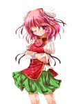  1girl alphes_(style) bandages bun_cover chain chinese_clothes crossed_arms cuffs double_bun flower highres ibaraki_kasen parody pink_eyes pink_hair rose short_hair simple_background skirt smile solo style_parody tabard touhou u2_(5798239) white_background wink 