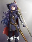  1girl armor artist_name belt blue_eyes blue_hair boots cape fingerless_gloves fire_emblem fire_emblem:_kakusei gloves long_hair lucina nintendo pants_under_dress solo sword tiara torakun14 weapon 