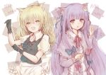  2girls animal_ears apron blonde_hair blouse bow braid capelet cat_ears crescent_hair_ornament dress fang fuji-shiki gloves hair_bow hair_ornament kemonomimi_mode kirisame_marisa long_hair long_sleeves looking_at_viewer multiple_girls no_hat nyan open_mouth patchouli_knowledge paw_pose payot purple_hair robe single_braid striped striped_dress touhou very_long_hair violet_eyes waist_apron white_background yellow_eyes 