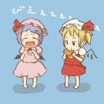  2girls barefoot bat_wings blonde_hair blue_hair chi-kun_(seedyoulater) child closed_eyes cookie crying dress eating fang flandre_scarlet food food_on_face hat hat_ribbon mob_cap multiple_girls open_mouth pink_dress puffy_sleeves red_dress remilia_scarlet ribbon short_sleeves siblings side_ponytail sisters touhou wavy_mouth wings younger 