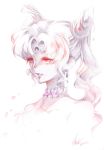  1girl 2013 bangs bare_shoulders bishoujo_senshi_sailor_moon black_lady bust chibi_usa choker colored_pencil_(medium) crescent_moon dated double_bun earrings facial_mark forehead_mark highres jewelry long_hair monochrome moon nashi_juni older parted_bangs parted_lips signature solo traditional_media 