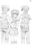  1girl bobukuro earphones eyepatch katana long_hair multiple_boys original police police_uniform school_uniform sword uniform weapon 