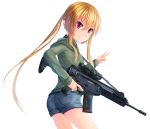  1girl arx-160 ass assault_rifle blonde_hair cowboy_shot denim denim_shorts dreadtie elcan_scope fang fang_out folding_stock gun highres hoodie jessica_jefferson looking_back original pink_eyes rifle scope shorts sling smile solo trigger_discipline twintails v weapon 