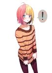  ! 1boy ahoge androgynous blonde_hair blush erubo looking_at_viewer multicolored_hair open_mouth original pink_hair short_hair simple_background solo speech_bubble striped striped_sweater sweater theodor_bachstein trap two-tone_hair white_background 
