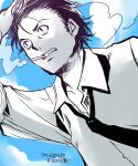  1boy black_hair cigarette coppelion from_below hair_slicked_back hand_on_own_head ibuse looking_up male necktie shirt sky sleeves_rolled_up solo wakanu white_shirt 